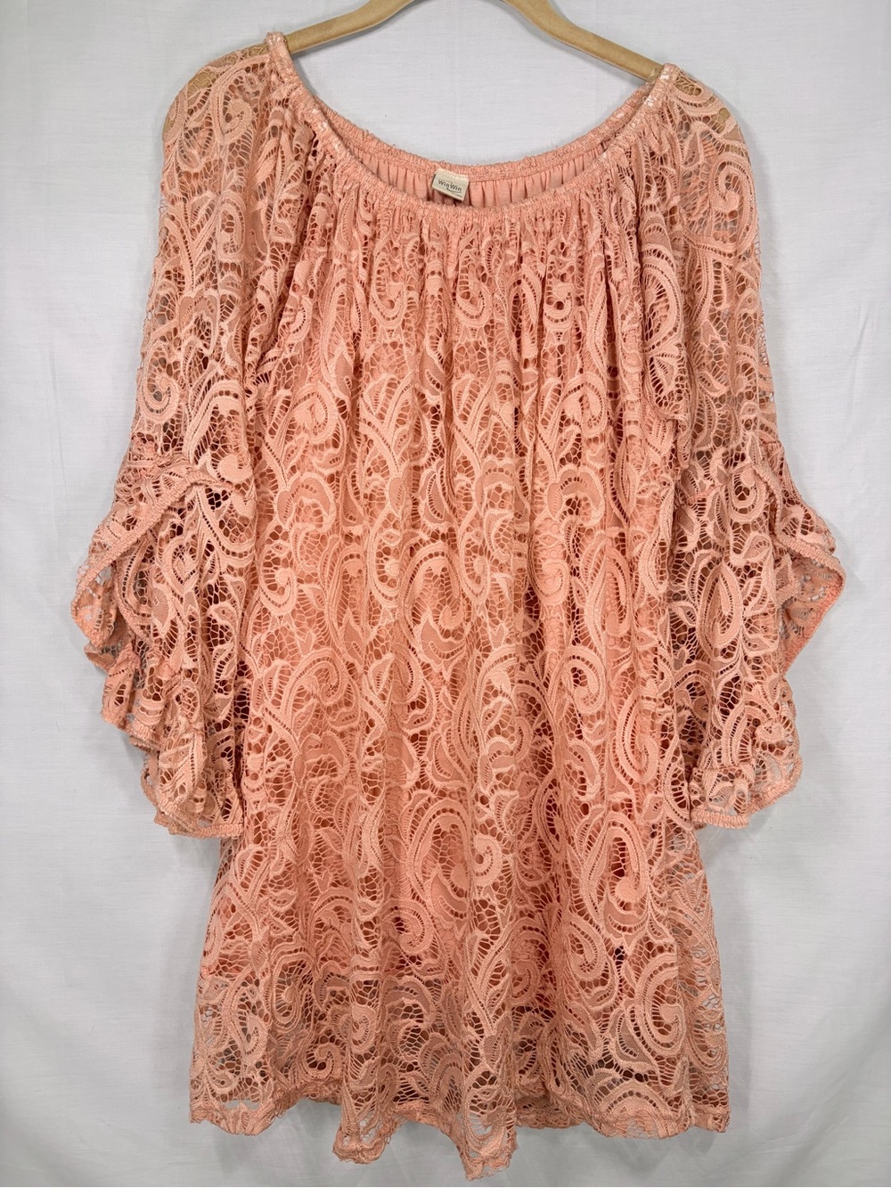 Dusty Rose Pink Full Lace Tunic Top Flowy Bell Sleeves - L / XL